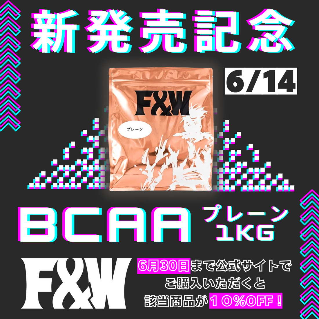 2024年6月14日新発売「F&W BCAAプレーン1kg」発売記念業界最安値割引キャンペーンのお知らせ